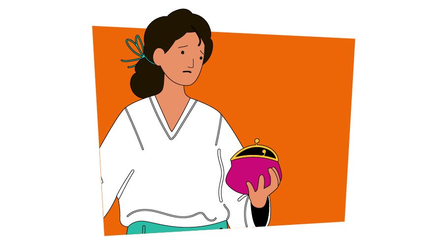 Illustration of a young woman looking sad and holding a pink purse